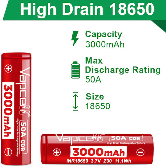 Επαναφορτιζόμενες Μπαταρίες 18650 Li-ion 3000mAh 3.7V 50A 2τμχ