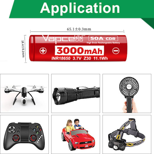 Επαναφορτιζόμενες Μπαταρίες 18650 Li-ion 3000mAh 3.7V 50A 2τμχ