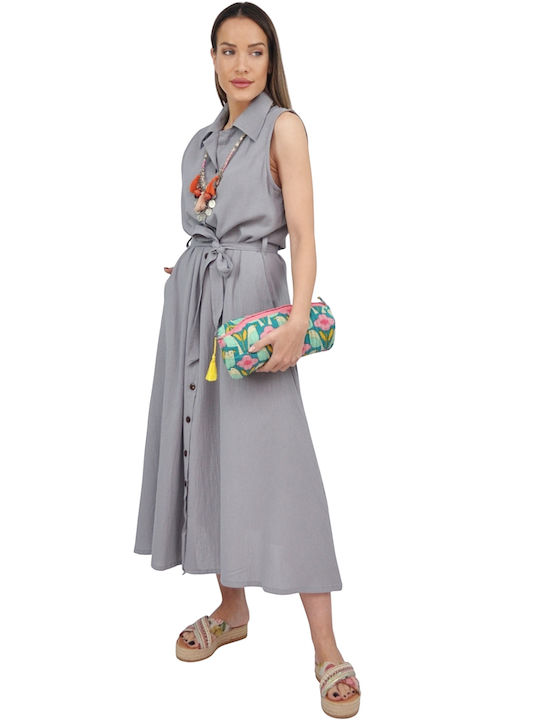 Rochie Maxi de Vară Tip Cămașă Albastru Deschis