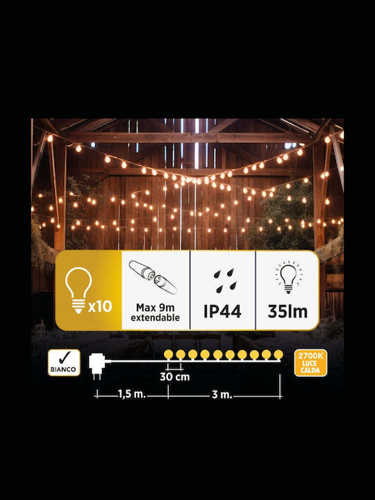 GBC Στεγανή Γιρλάντα Φωτισμού LED IP44 4.5m με 10 Λάμπες Θερμό Λευκό