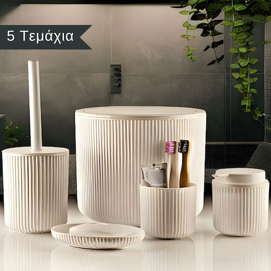 Femmit 5-Piece Bathroom Set Beige Waste Bin 4.5L Toilet Brush Soap Dispenser Toothbrush Holder & Soap Dish