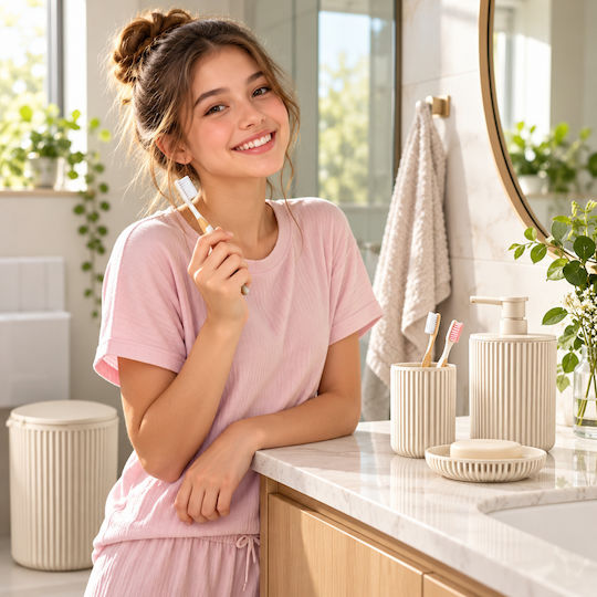 Femmit 5-Piece Bathroom Set Beige Waste Bin 4.5L Toilet Brush Soap Dispenser Toothbrush Holder & Soap Dish