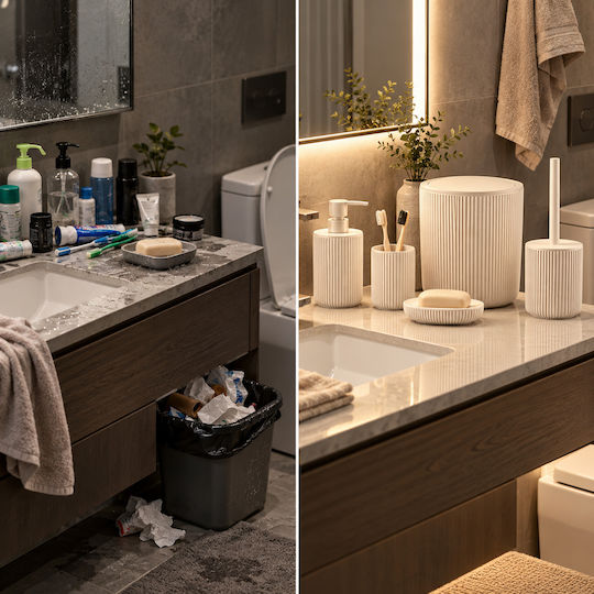 Femmit 5-Piece Bathroom Set Beige Waste Bin 4.5L Toilet Brush Soap Dispenser Toothbrush Holder & Soap Dish