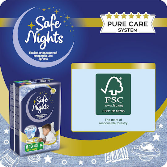 Детско Абсорбиращо Нощно Бельо за Момчета 8-13 Години (30-48kg) Safe Nights – 14 бр. / Нощни Пелени с Допълнителна Абсорбираща Способност