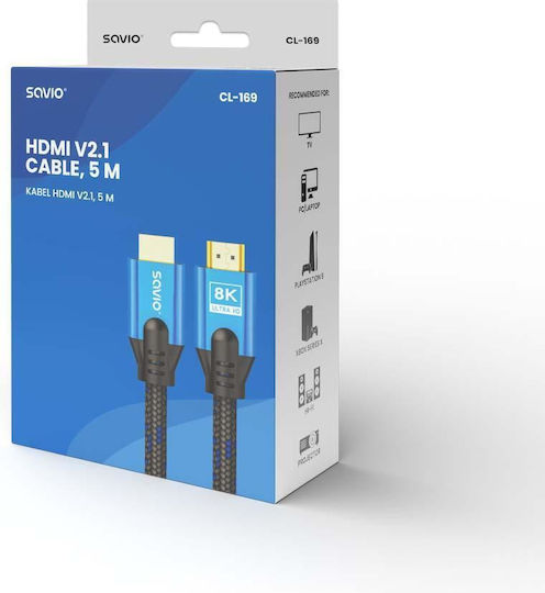 Savio HDMI 2.1 Ultra High Speed 48Gbps 4K 120Hz HDR VRR Cable HDMI Male - HDMI Male 5m Blue