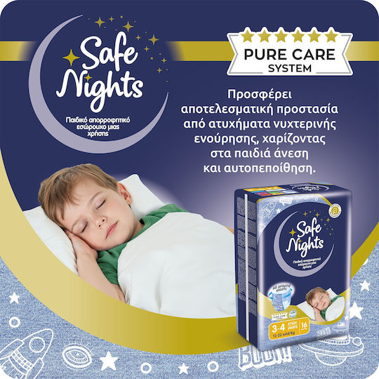 Детски Нощни Абсорбиращи Гащички за Момчета на 3–4 Години (12–22 kg) Safe Nights – 16 бр. / Нощни Памперси с Екстра Абсорбираща Способност