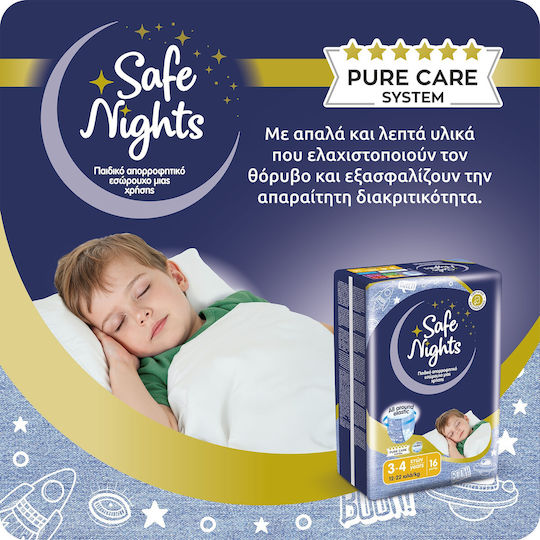 Детски Нощни Абсорбиращи Гащички за Момчета на 3–4 Години (12–22 kg) Safe Nights – 16 бр. / Нощни Памперси с Екстра Абсорбираща Способност