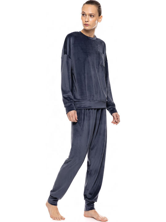 Pink Label Зимен Дамски Комплект Пижами Велур Yacht Blue
