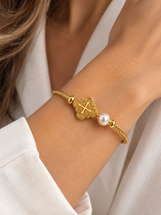Kingleap Women's Cuff Bracelet with Cross Design in Gold-Plated Steel with Pearls
