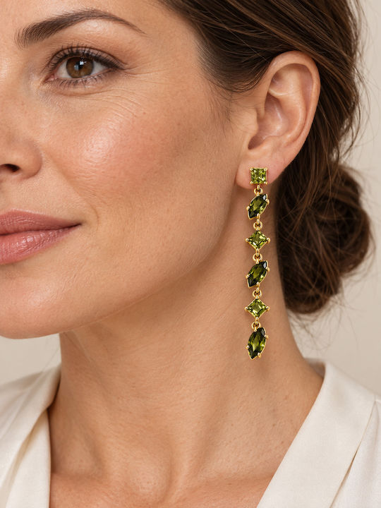 Women's Long Dangle Earrings Steel Green Stones – Gold Tone Women's Long Dangle Earrings Steel Green Stones – Gold Tone