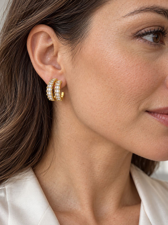 Women's Earrings Double Hoop Steel Baguette Stones – Gold Tone