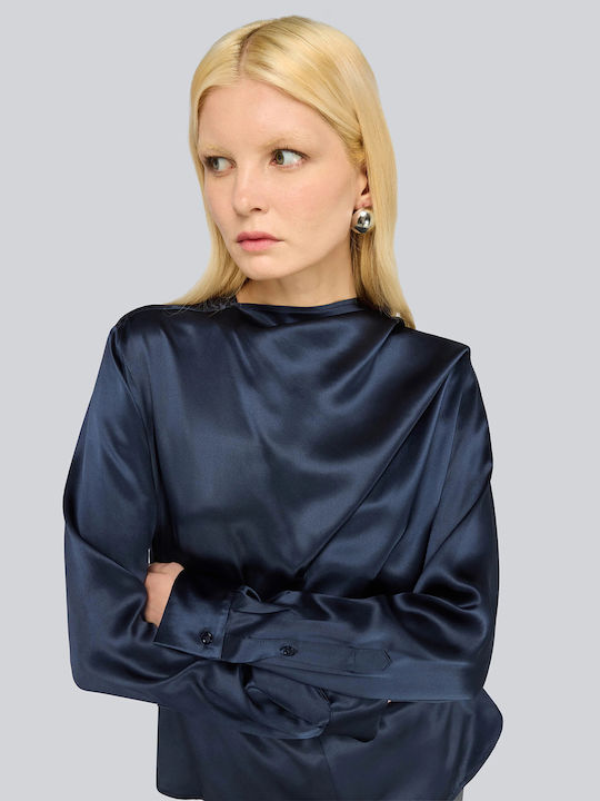 Women's Satin Long Sleeve Draped Dark Blue Blouse