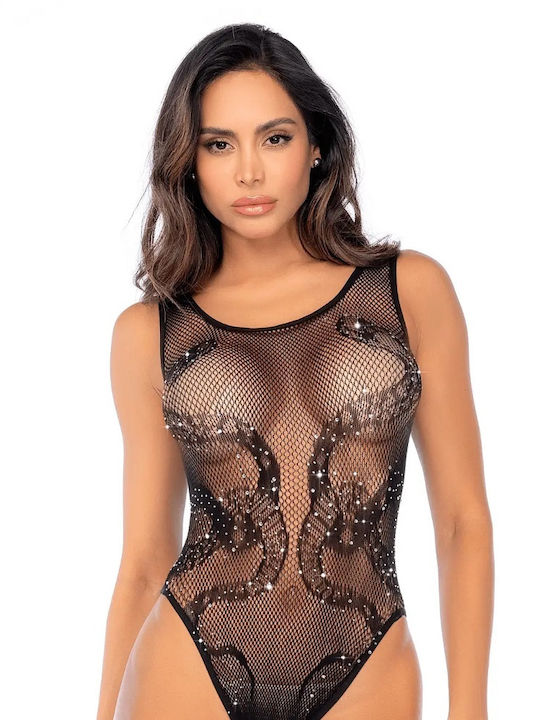 Mapalé Black Snake-pattern Mesh Bodysuit Adorned Rhinestones Mal1155bkrh