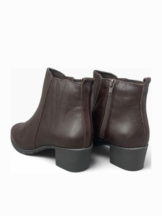 Leather Women's Ankle Boots with Medium Heel Marron