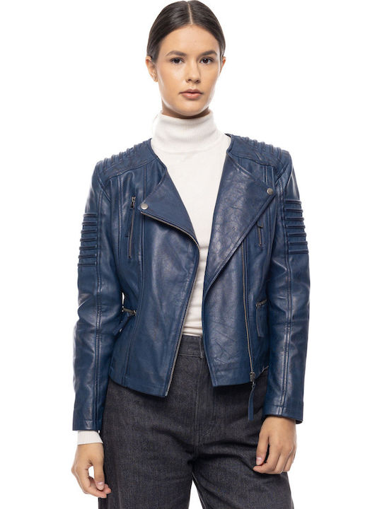 Women's Leather Biker Jacket Blue
