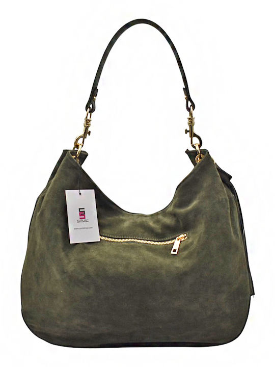 Leather Knitted Women's Hobo Bag Suede with Fringes Olive Green
