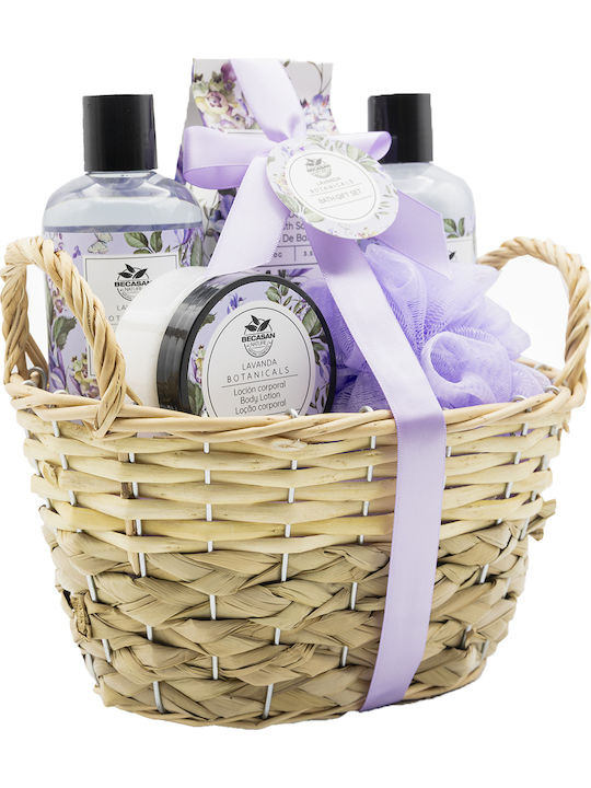 Becasan Botanicals Lavender Aroma Set de Îngrijire în Coș de Rachită pentru Hidratare și Curățarea Corpului 5 Bucăți