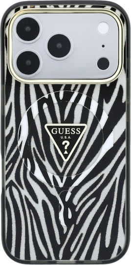 Hülle Für iPhone 18 Pro Max / iPhone 17 Pro Max – Guess Zebra Glitter Mit Dreieck-Logo, MagSafe – Schwarz/Silber
