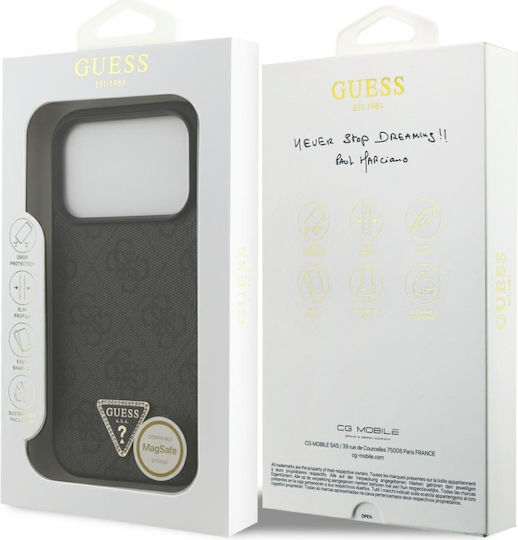 Калъф за iPhone 18 Pro Max / iPhone 17 Pro Max – Guess Leather 4g Triangle Strass Magsafe – Черен