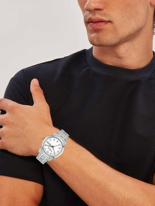 Men's Battery-Powered Watch with Silver Stainless Steel Bracelet