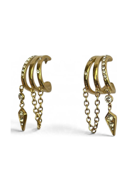 Women's Gold Triple Hoop Earrings with Dangling Chain Patterns and White Stones Prime Steel Gold Women One Size Ssn307 Women's Gold Triple Hoop Earrings with Dangling Chain Patterns and White Stones Prime Steel Gold Women One Size Ssn307