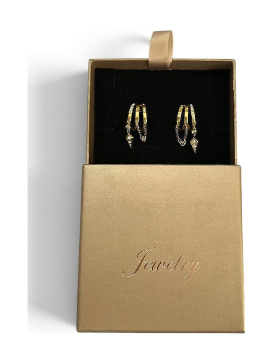 Women's Gold Triple Hoop Earrings with Dangling Chain Patterns and White Stones Prime Steel Gold Women One Size Ssn307