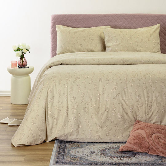 Melinen Mini Double Bed Sheet Set with 2 Pillowcases, Super-Double, Fitted, 160x200+32 cm, Beige (3 pcs)