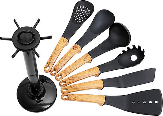Cheffinger 6-piece Kitchen Utensil Set Wood-look Handles Rotating Stand Black