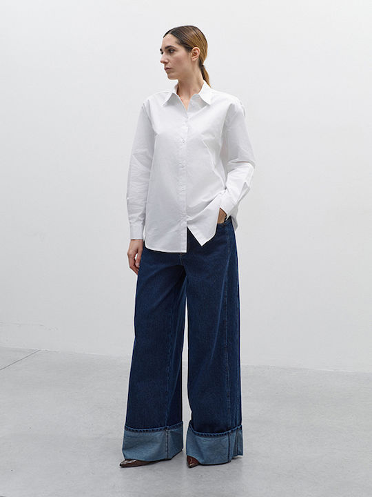 Cămașă Denim Albă pentru Femei cu Mâneci Lungi