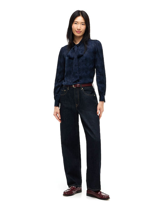 Women's Long Sleeve Silk Shirt Blue Striped