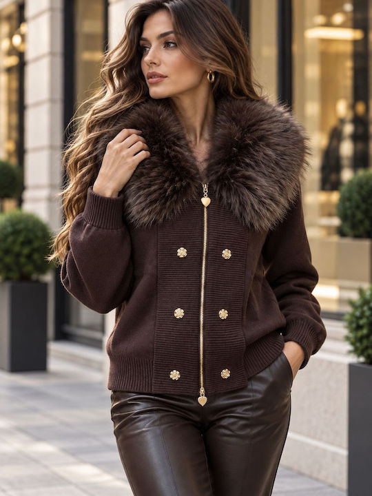 Long Women's Knitted Cardigan with Buttons Brown