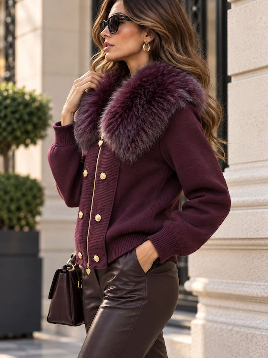 Long Women's Knitted Cardigan with Buttons Burgundy
