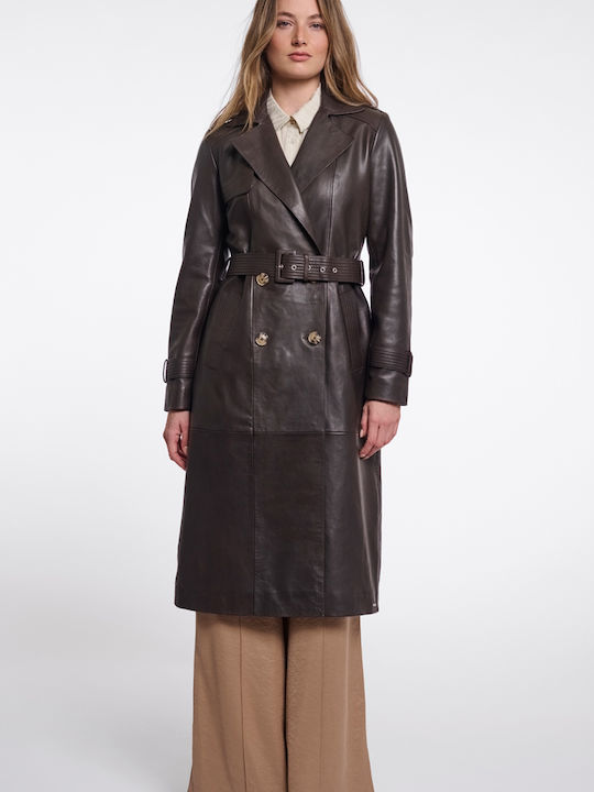Leather Women's Coffee Roast Trench Coat