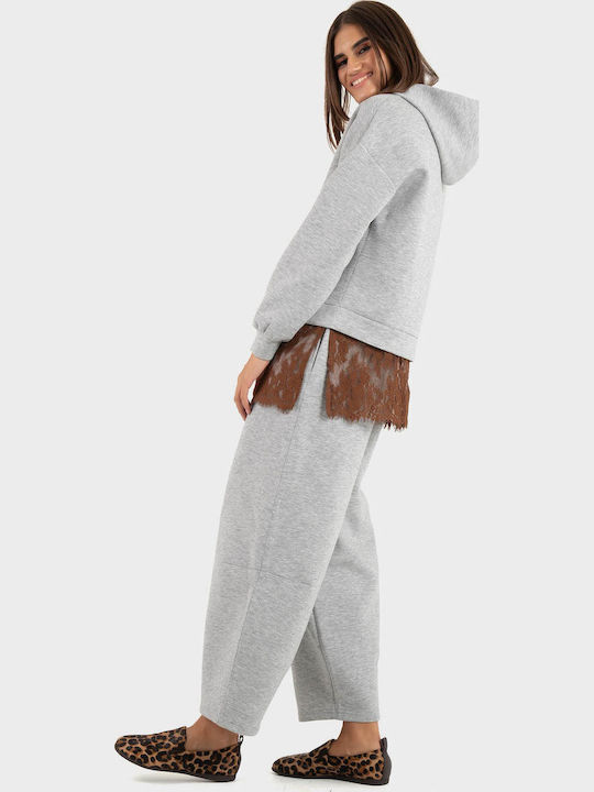 Vero Moda Pantaloni Dama din Țesătură cu Talie Înaltă și Elastic Gri Deschis Melanj