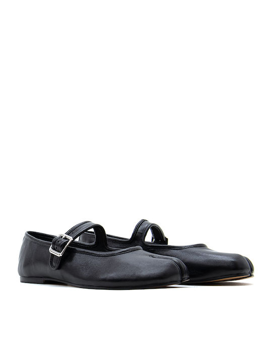 Leather Women's Pointed Toe Mary Jane Ballet Flats with Strap / Buckle Black