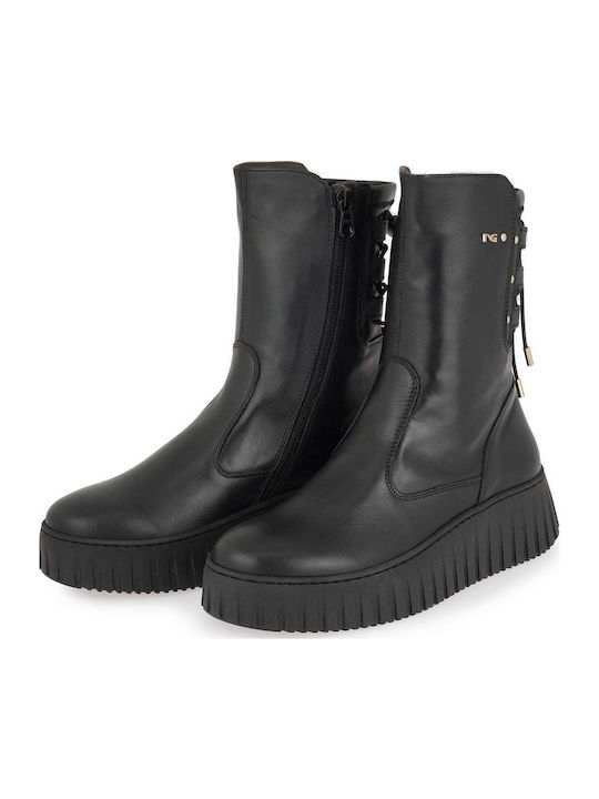 Leather Women's Ankle Boots with Medium Heel Black