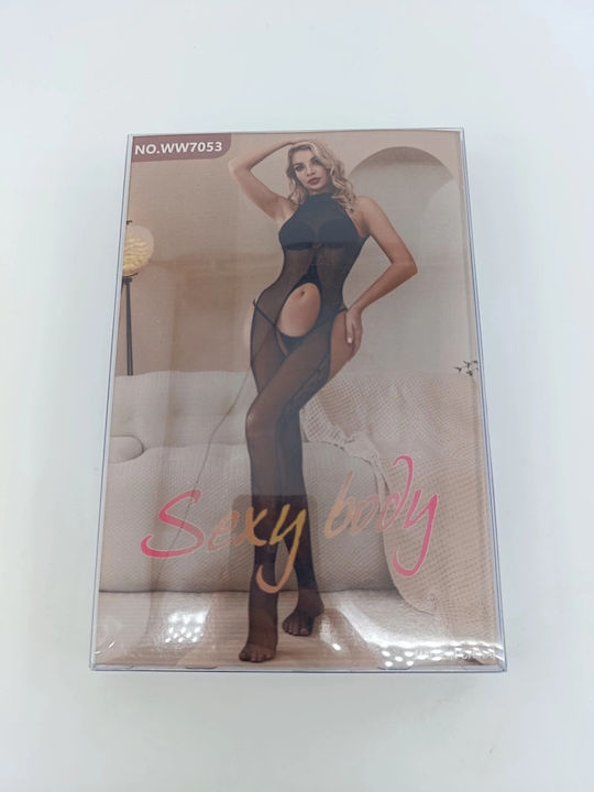 STD Netz-Bodystocking mit offenem Schritt Schwarz