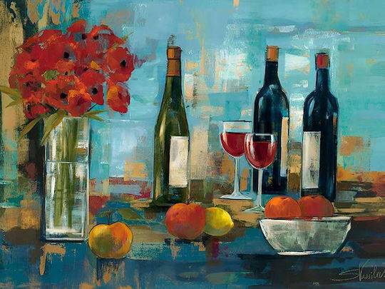 Poster Bottles Wine Flowers & Fruit Pst25322 40cm X 50cm Frame Natural Wooden Beige