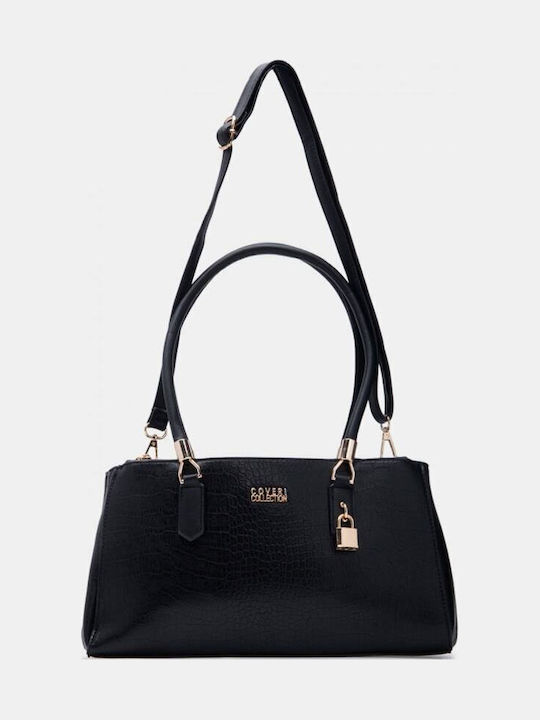 Croco Tote-Tasche für Damen aus Stoff mit Krokodilprägung Schwarz