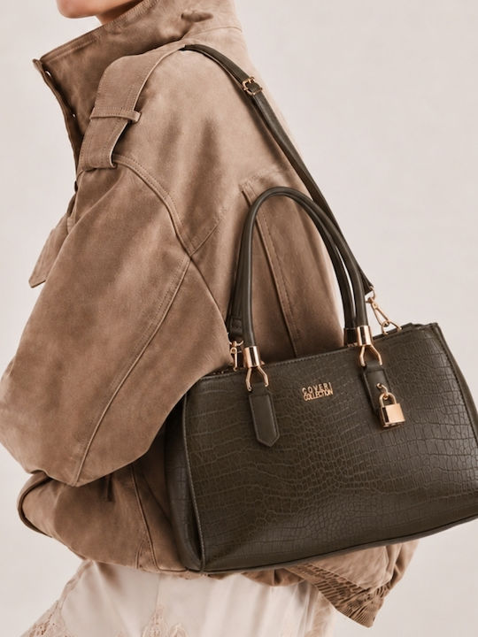 Croco Handtasche aus Stoff für Damen mit Kroko-Muster in Khaki
