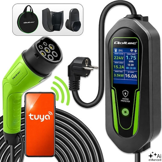 Qoltec Portable Single-Phase 3.5kW Charger with Built-in 3.5m Type 2 Cable