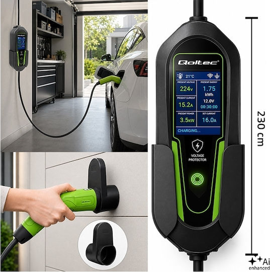 Qoltec Portable Single-Phase 3.5kW Charger with Built-in 3.5m Type 2 Cable