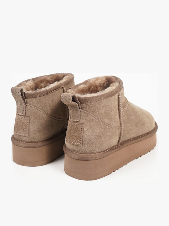 Wildleder Damen Stiefeletten mit Fell in Cognac