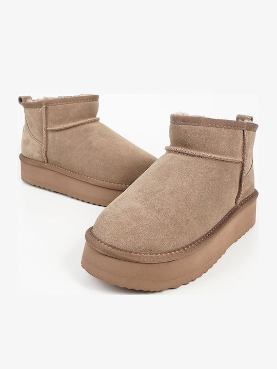 Wildleder Damen Stiefeletten mit Fell in Cognac