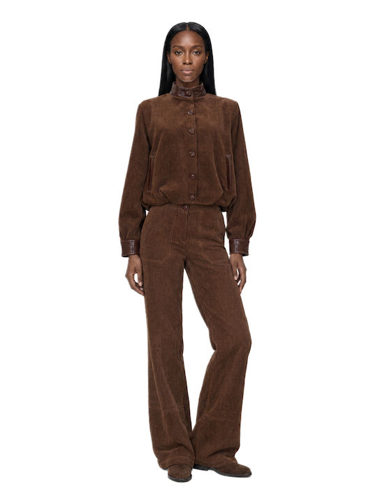 Women's High-Waisted Fabric Flared Trousers Brown