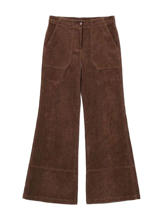 Women's High-Waisted Fabric Flared Trousers Brown