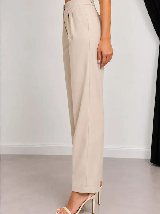 Damen-Stoffhose mit Hohem Bund in Regulärer Passform, Zartbeige