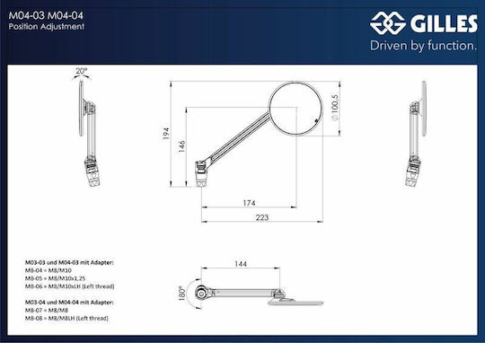 Gilles Tooling Огледало за кормило Moon Ляв M04-03-l-bd Анодизиран Мат Алуминий 1 Бр