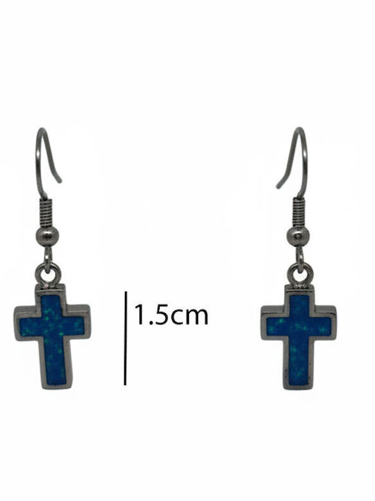 Steel Earrings Cross Blue Stone Gold