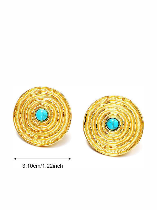 Steel Earrings with Textured Circular Design Turquoise Detail Gold Silver